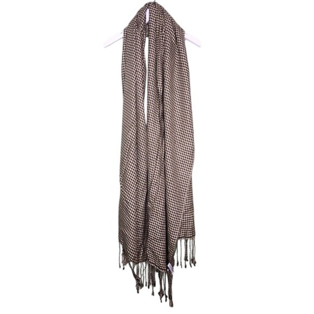 Houndstooth Fringe Scarf‎ Shawl Wrap Beige Black Classic Preppy Collection XIIX